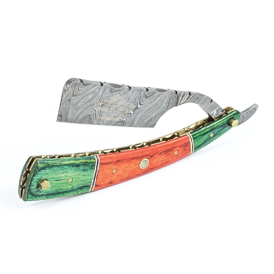 Metzger Orange/Green wood Damascus steel Dr-14350 - Опасная бритва из дамасской стали